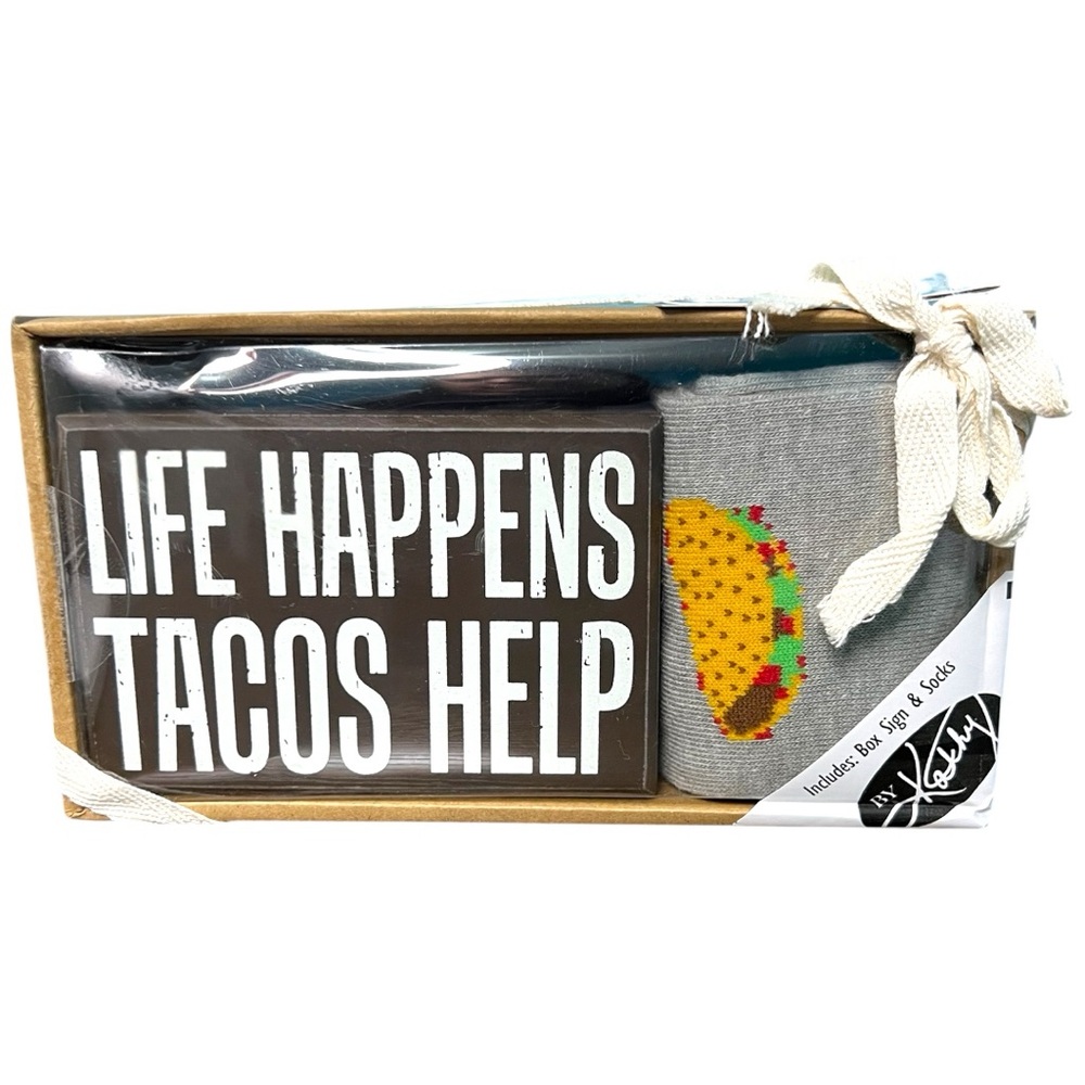 Primitives By Kathy Box Sign & Sock Set Life Happens Tacos Help
